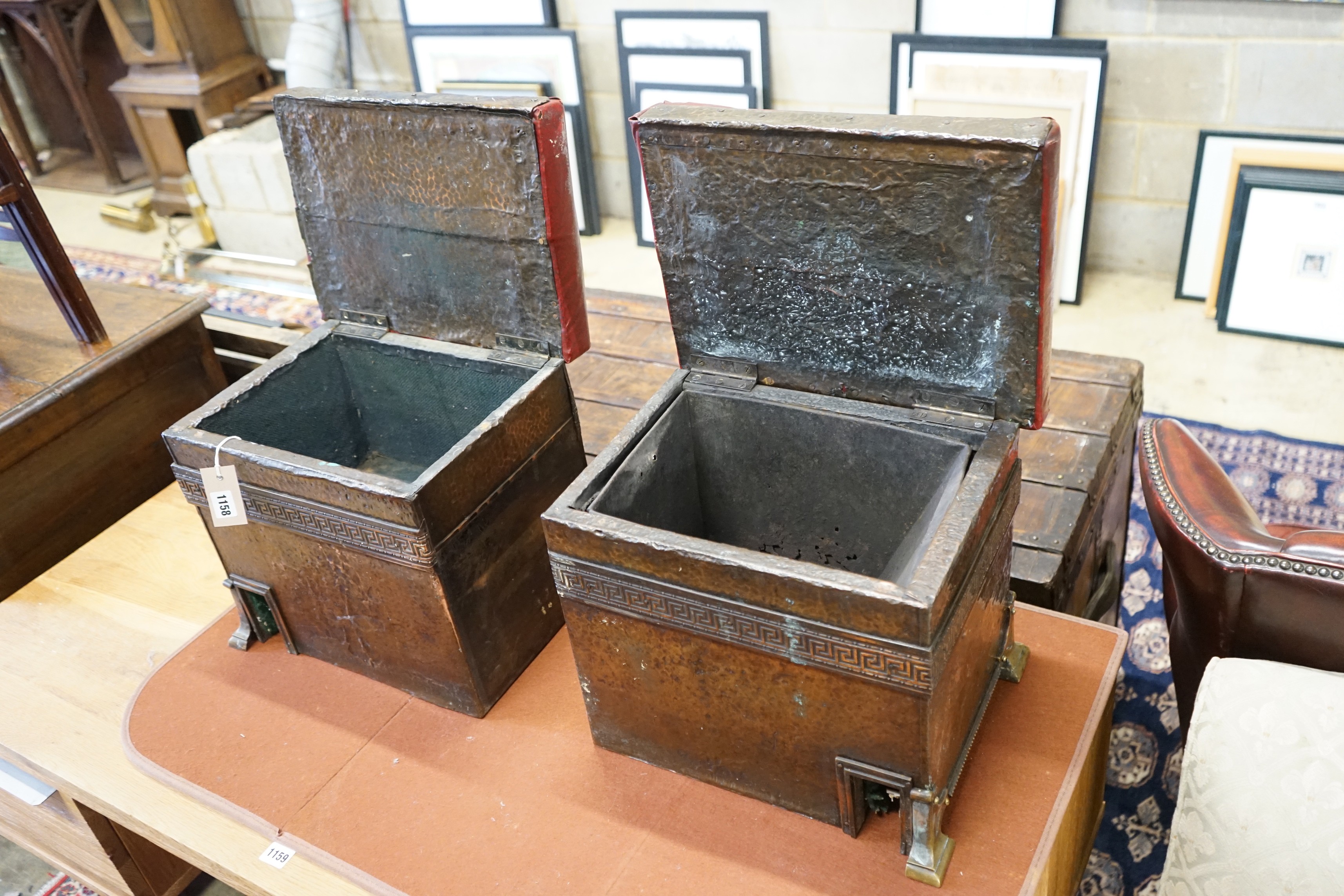 A pair of early 20th century hammered copper fender stools, each width 28cm, depth 37cm, height 36cm